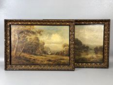 Paintings, two 19th century oil on canvas paintings of the countryside, in the same style but