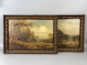 Paintings, two 19th century oil on canvas paintings of the countryside, in the same style but