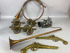 Collection of brass and copper items to include desk cannons and hunting horns