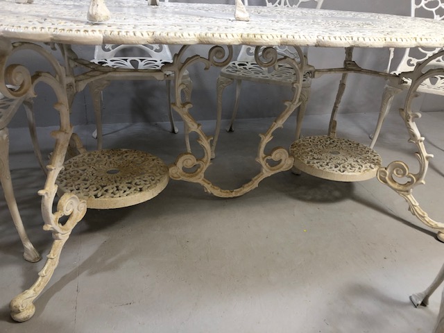 Large White painted metal Garden Table of pierced openwork design with ornate plinths below approx - Image 9 of 9