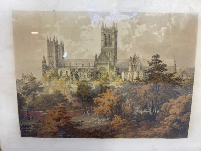 Pictures, two antique hand tinted engravings of Lincoln Minster Cathedral in matching frames both - Image 2 of 10