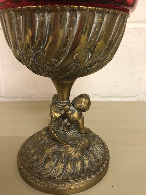Antique Victorian cranberry glass oil lamp with brass cherub base approximately 57cm high - Image 6 of 7