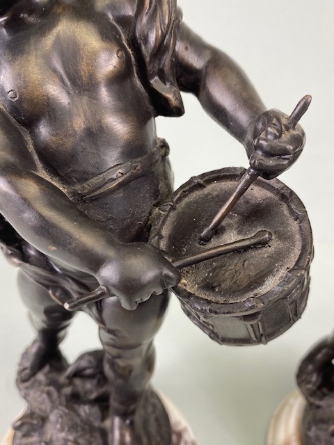 Bronze Figures, two 19th century style patinated bronze statues on marble bases of Putti playing - Image 3 of 14