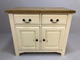 Modern white painted unit with two drawers and cupboard under, with natural wood top, approx 99cm