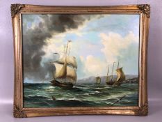 Paintings, 20th century American Maritime oil on canvas of sail ships off a coast signed in bottom