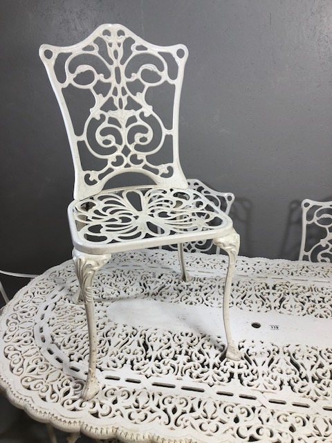 Large White painted metal Garden Table of pierced openwork design with ornate plinths below approx - Image 8 of 9