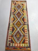 Oriental hand knotted wool rug Chobi Kilim with geometric patterns approximately 195 x 67 cm