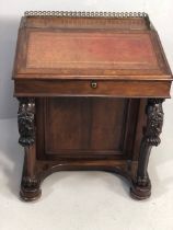 Antique Furniture, Davenport desk of figured mahogany with maple interior, red Moroccan leather