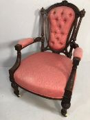 Antique Furniture, Edwardian nursing chair carved decoration to mahogany frame padded seat and