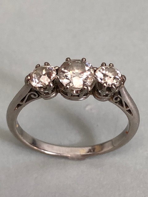 Three Stone Diamond and Platinum ring, Old Mine Cut Diamonds with central diamond approx 0.5ct, size - Image 2 of 4