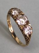 9ct Gold ring set with three clear stones approx size K and 3g