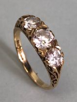 9ct Gold ring set with three clear stones approx size K and 3g