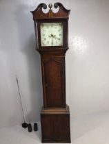 Antique Clocks / Furniture, Oak Grandfather long case clock, dial hand painted with flowers, roman