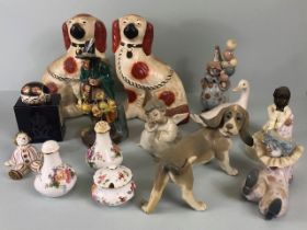 Collection of China figurines to include Staffordshire dogs, Royal Crown Derby, Lladro, Royal