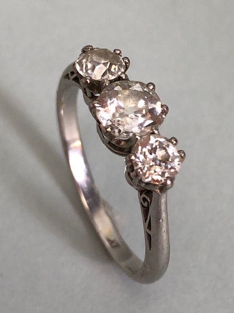 Three Stone Diamond and Platinum ring, Old Mine Cut Diamonds with central diamond approx 0.5ct, size