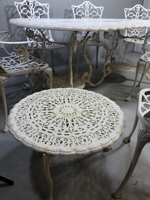 Large White painted metal Garden Table of pierced openwork design with ornate plinths below approx - Image 6 of 9