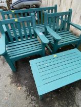 Collection of wooden garden furniture, painted green, comprising garden bench, two garden chairs and