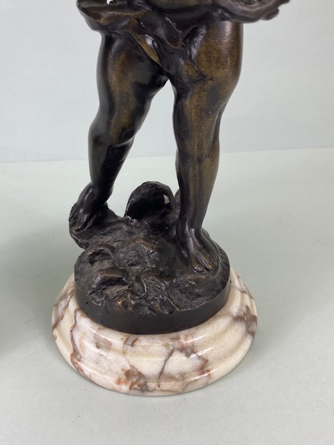 Bronze Figures, two 19th century style patinated bronze statues on marble bases of Putti playing - Image 5 of 14