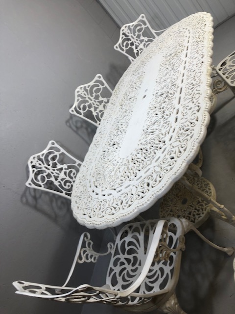 Large White painted metal Garden Table of pierced openwork design with ornate plinths below approx - Image 7 of 9