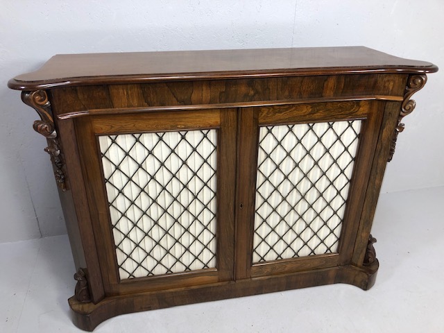 Antique Furniture, Victorian Rosewood Chiffonier, the twin doors with brass lattice work and pleated