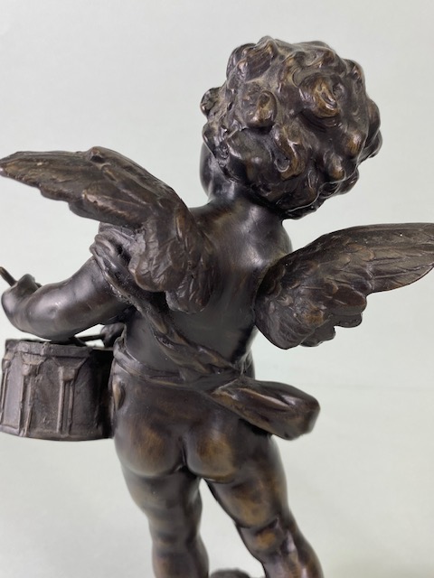 Bronze Figures, two 19th century style patinated bronze statues on marble bases of Putti playing - Image 9 of 14
