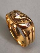 18ct Gold ring with two entwined serpents set with Diamond eyes (2) size 'O' and approx 2.9g