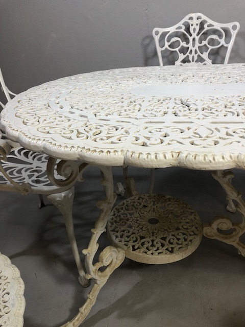 Large White painted metal Garden Table of pierced openwork design with ornate plinths below approx - Image 3 of 9