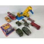 Dinky Toys, collection of play worn vehicles cars trucks and cranes military, fire truck and three