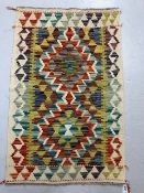 Oriental hand knotted wool carpet Chobi Kilim geometric pattern approximately 90 x 59cm