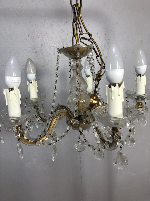 Vintage lighting, pair of five branch glass chandeliers with faux candles - Image 7 of 9