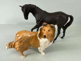 Collectable China, Royal Doulton rough hair collie dog and a black stallion, both with Royal Doulton