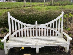 Substantial wooden white painted 'bespoke built' garden bench, approx 231cm wide x 144cm tall