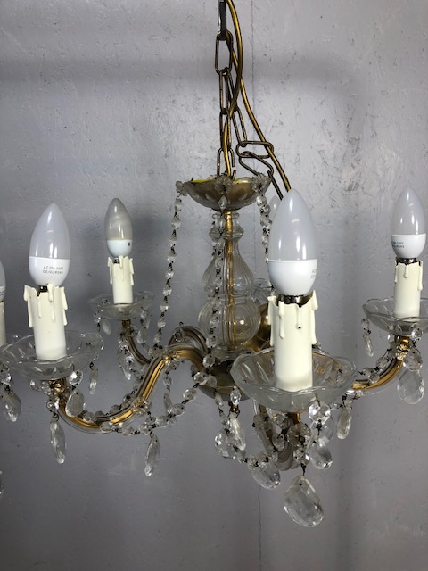 Vintage lighting, pair of five branch glass chandeliers with faux candles - Image 3 of 9