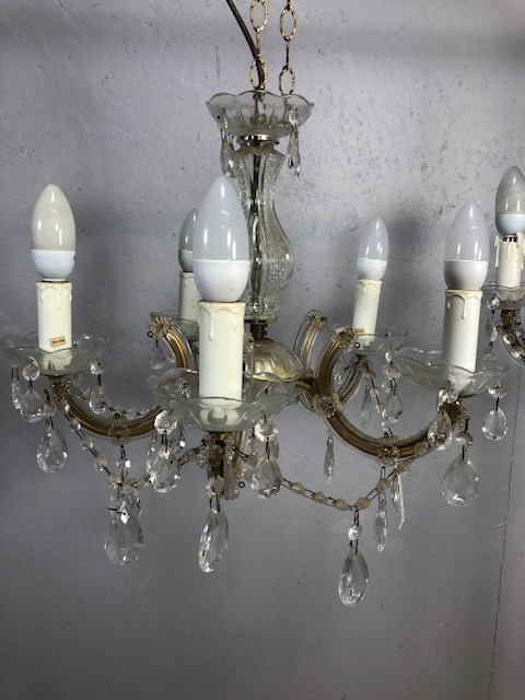 Vintage lighting, pair of five branch glass chandeliers with faux candles - Image 2 of 9
