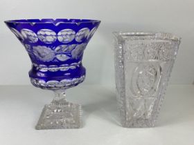 Decorative glass ware, two Bohemian cut glass bouquet vases one in clear glass of square a form