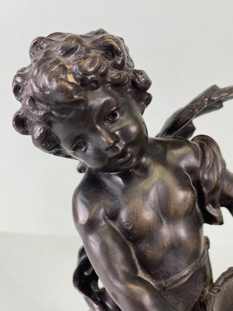 Bronze Figures, two 19th century style patinated bronze statues on marble bases of Putti playing - Image 2 of 14