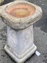 Square tapering garden birdbath with bird and thistle decoration, approx 64cm tall marked Sandford