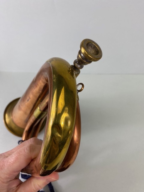 Musical instruments, vintage military brass bugle with blue tassel cords marked Dallas London. - Image 5 of 9