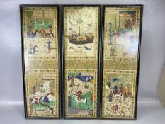 Three Indo-Persian Mughal paintings on silk depicting life during the reign of Mughal Emperors