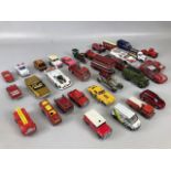 Die cast cars, a quantity of play worn cars and trucks to include examples from Dinky, Corgi and