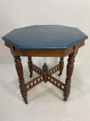 Antique occasional table with hexagonal painted top supported by twisted design legs on ceramic