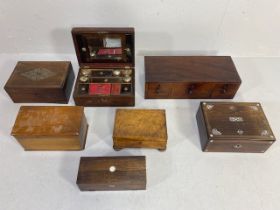 Collection of antique boxes, some with inlay (mother of pearl), desk tidy and vanity case with