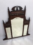 Antique three panel overmantel mirror bevel glass with carved wooden surround approximately 76 x