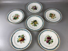 Antique Pottery, Six Minton cabinet or dresser plates each one hand painted with fruit, gilded and