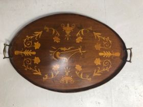 Antique galleried tea tray of oval form in mahogany with marquetery inlay designs of flowers