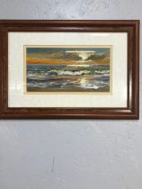 Oil painting sunset along the shore signed G Parkes dated 1995 framed and glazed approximately 41