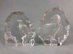 Scandinavian art glass intaglio in clear glass of an Eagle with Royal Krona Sweden label, and a