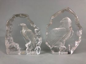 Scandinavian art glass intaglio in clear glass of an Eagle with Royal Krona Sweden label, and a