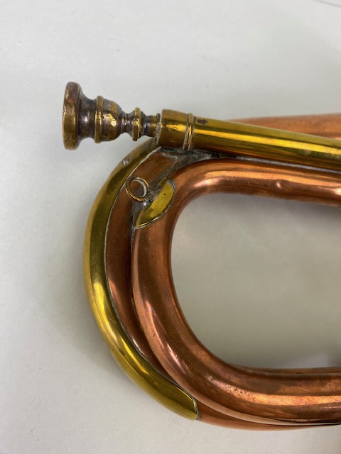 Musical instruments, vintage military brass bugle with blue tassel cords marked Dallas London. - Image 6 of 9