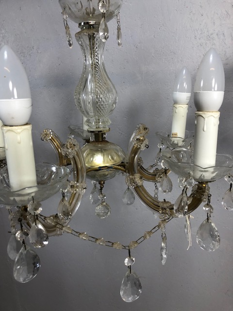 Vintage lighting, pair of five branch glass chandeliers with faux candles - Image 5 of 9